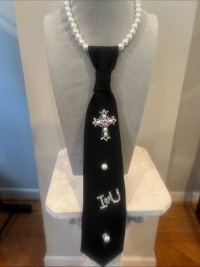 Black Pearl-Accent Neck Tie Necklace